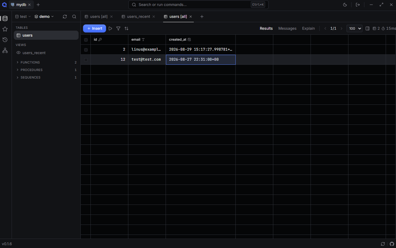 QueryCastle workbench with a schema explorer and an editable users table